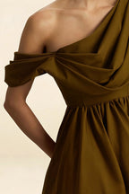 Close Up of LVLVS Cecilia Olive One Shoulder Mini Skater Dress Draped Neckline - Crepe Fabric Detail for Cocktail, Party & Formal Occasions