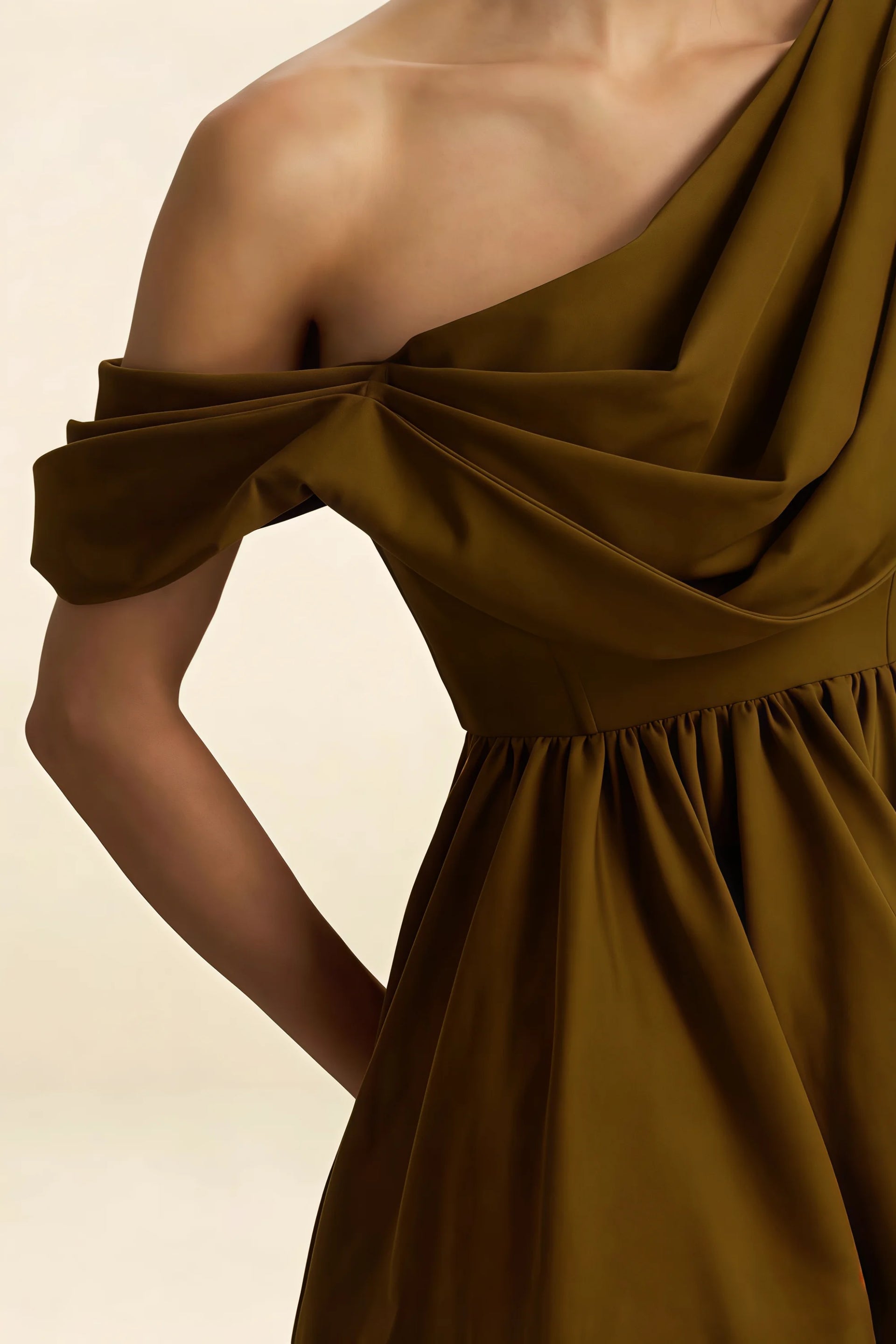 Close Up of LVLVS Cecilia Olive One Shoulder Mini Skater Dress Draped Neckline - Crepe Fabric Detail for Cocktail, Party & Formal Occasions
