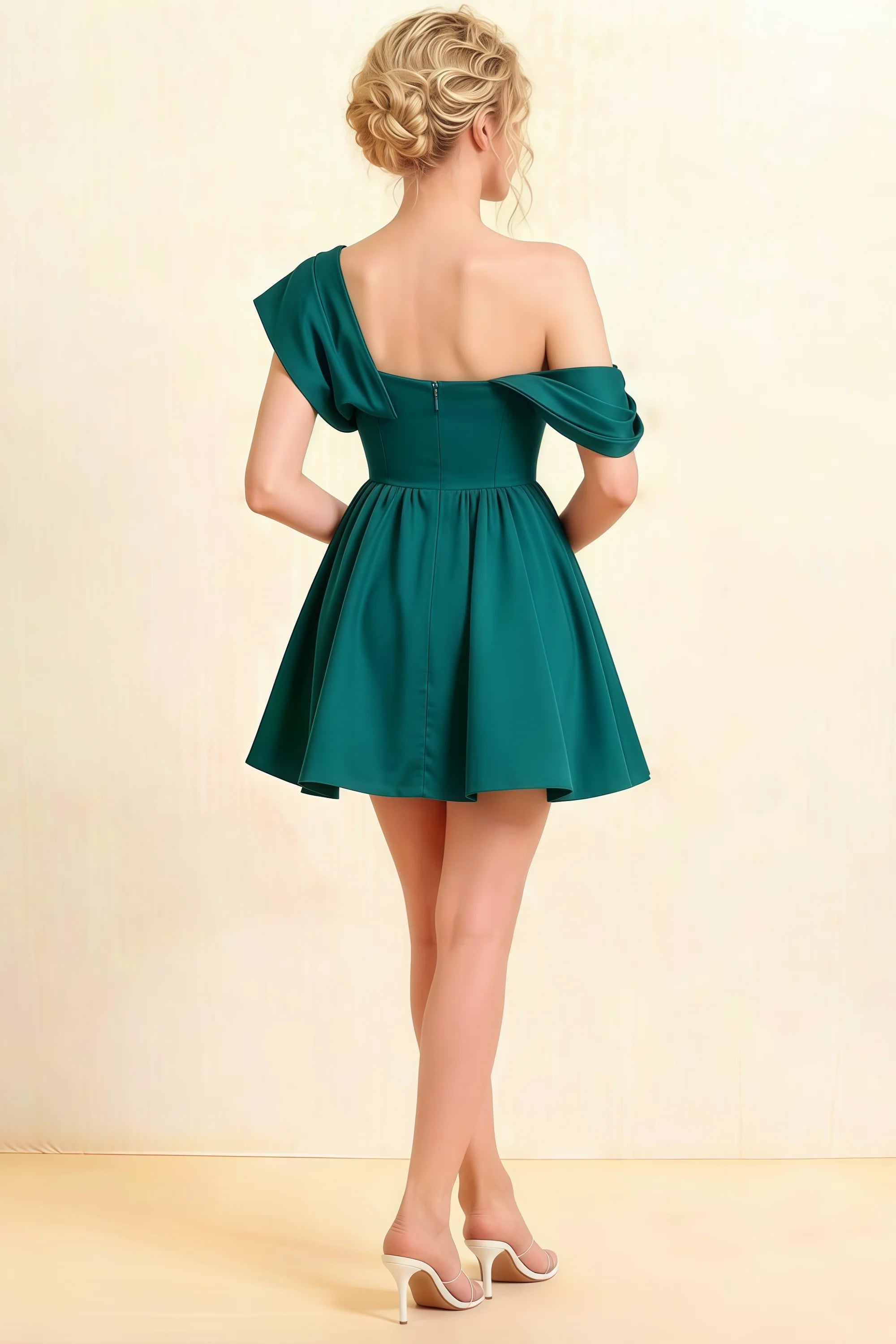Cecilia Peacock One Shoulder Mini Skater Dress with Draped Asymmetric Neck Secondary image