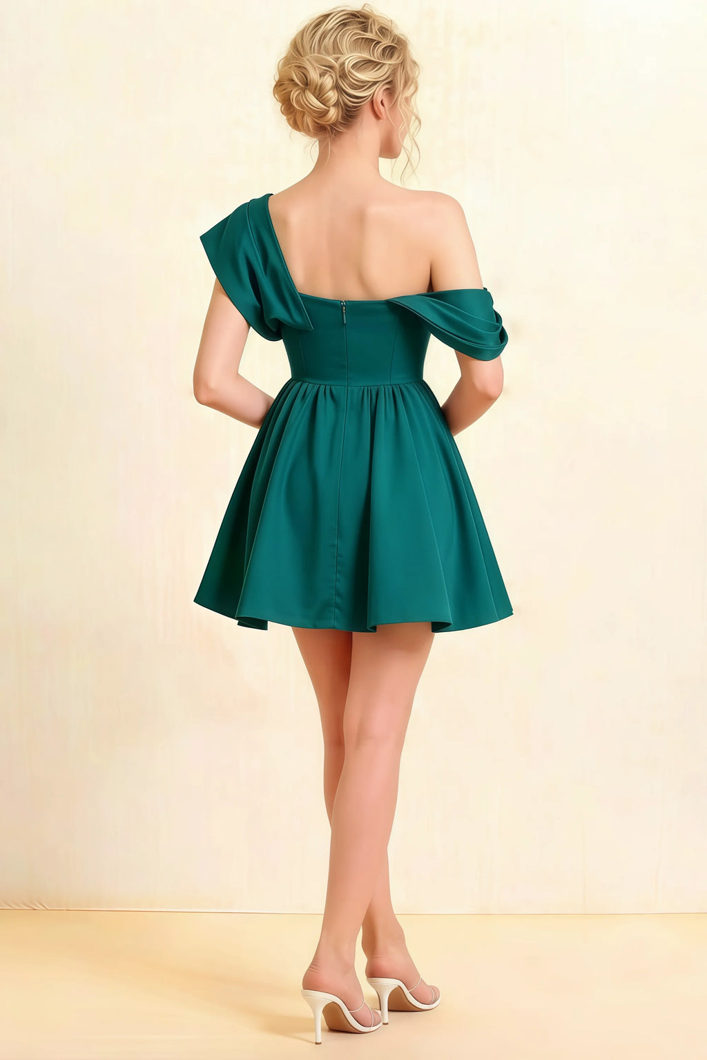 Back view of LVLVS Cecilia peacock green one shoulder skater dress, showcasing elegant open back design and adjustable zipper, ideal for proms and evening social gatherings.