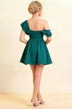 Back view of LVLVS Cecilia peacock green one shoulder skater dress, showcasing elegant open back design and adjustable zipper, ideal for proms and evening social gatherings.