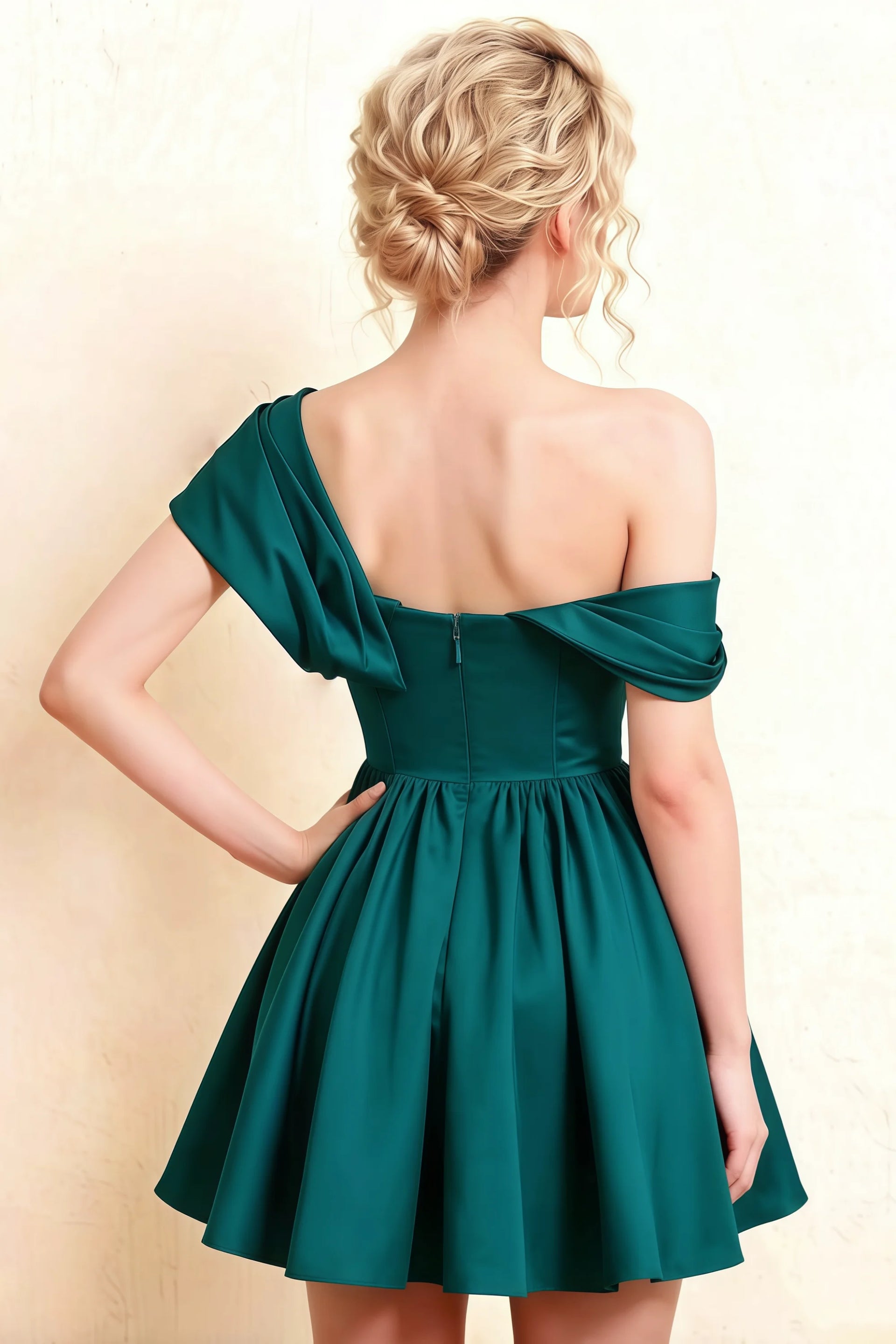 LVLVS Cecilia dress back detail in deep green, emphasizing the secure zipper closure and flattering off-shoulder drape for clubbing and going out occasions.