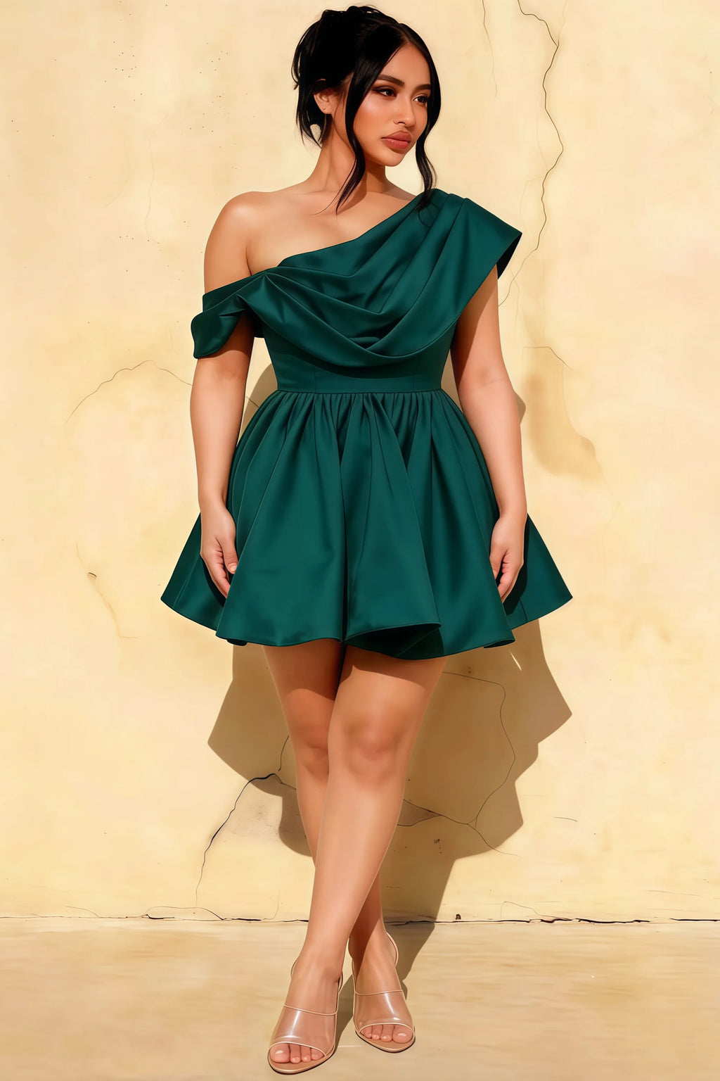 Real customer review image of LVLVS Cecilia emerald green asymmetric dress, capturing the playful high-low hem and comfortable fit for casual brunches and daytime events.