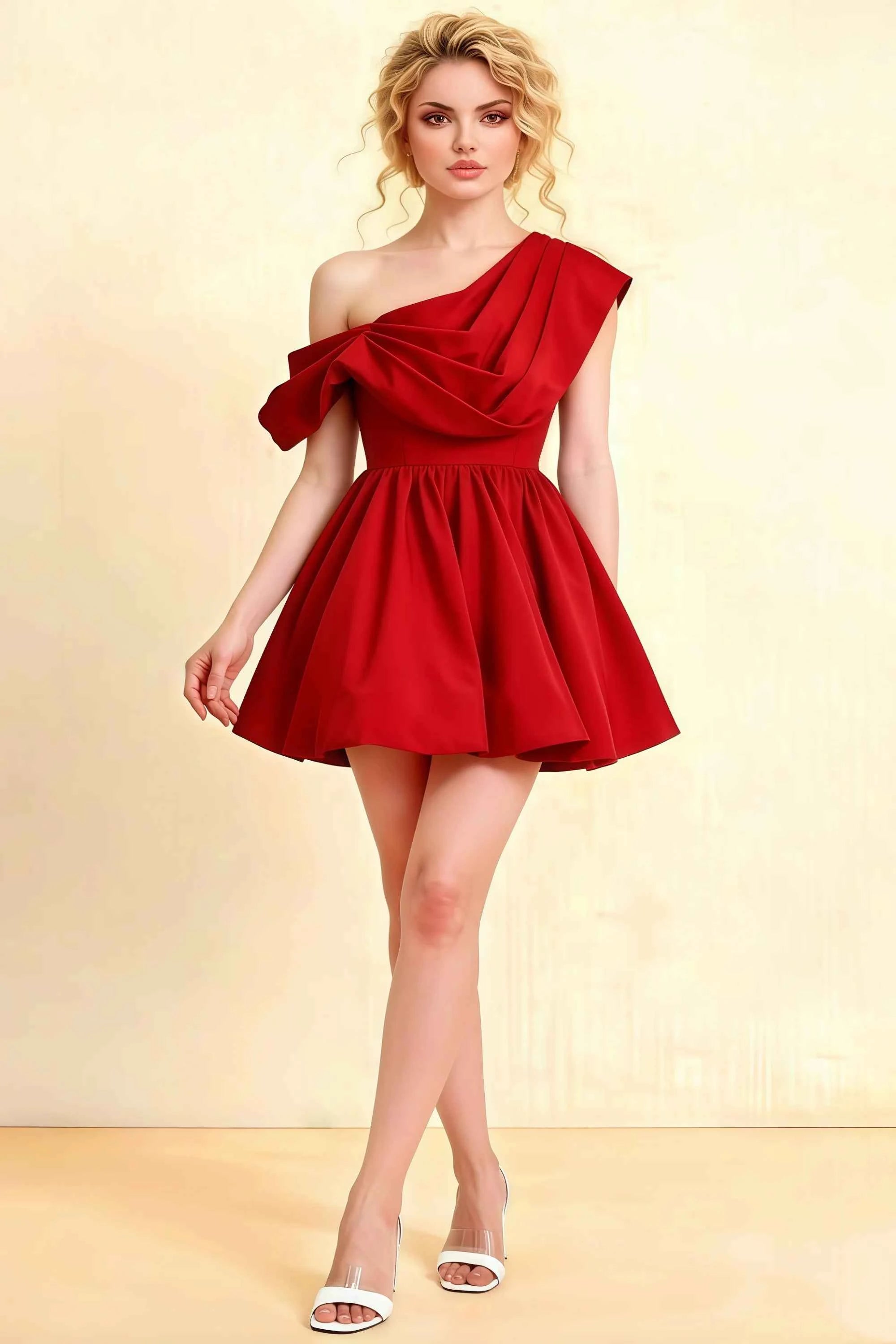 Cecilia Red One Shoulder Mini Skater Dress with Draped Asymmetric Neck Imagen principal del producto