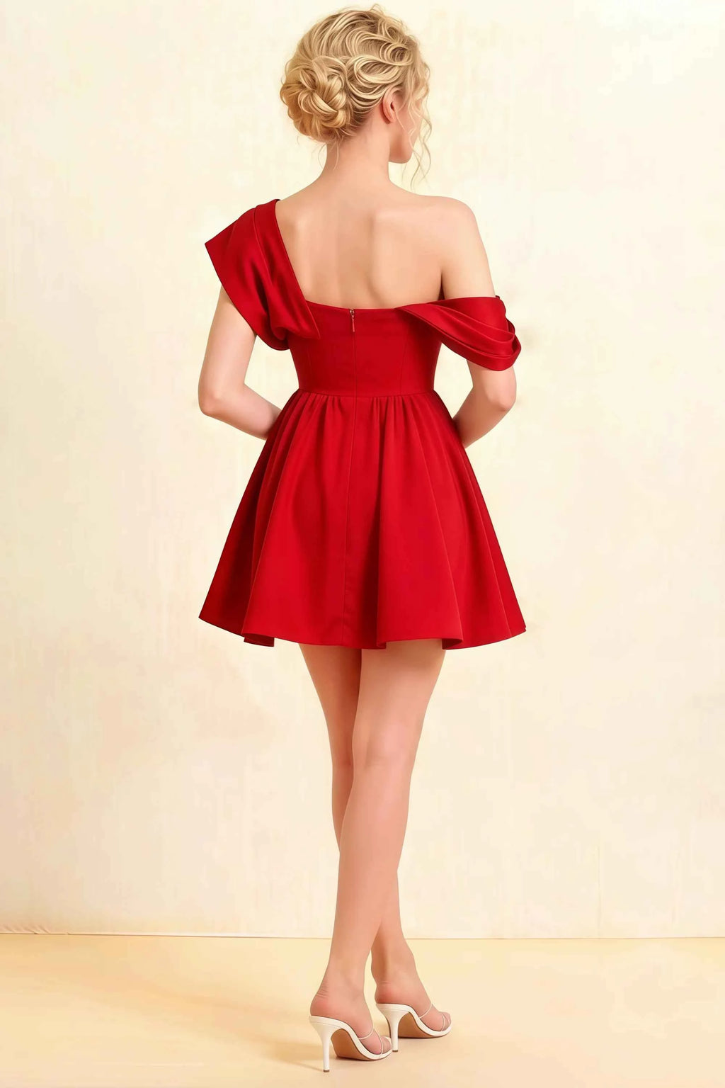 Cecilia Red One Shoulder Mini Skater Dress with Draped Asymmetric Neck