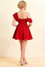 Cecilia Red One Shoulder Mini Skater Dress with Draped Asymmetric Neck