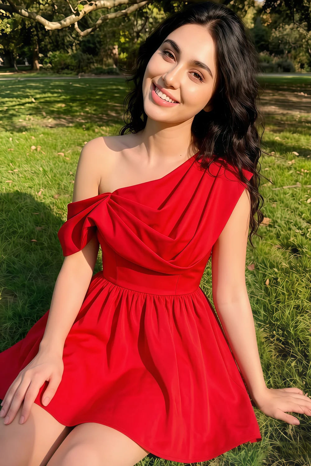 Customer photo of Red Cecilia Dress in outdoor garden setting, showcasing natural flow of crepe fabric, stylish one shoulder party dress for brunch or daytime celebrations.