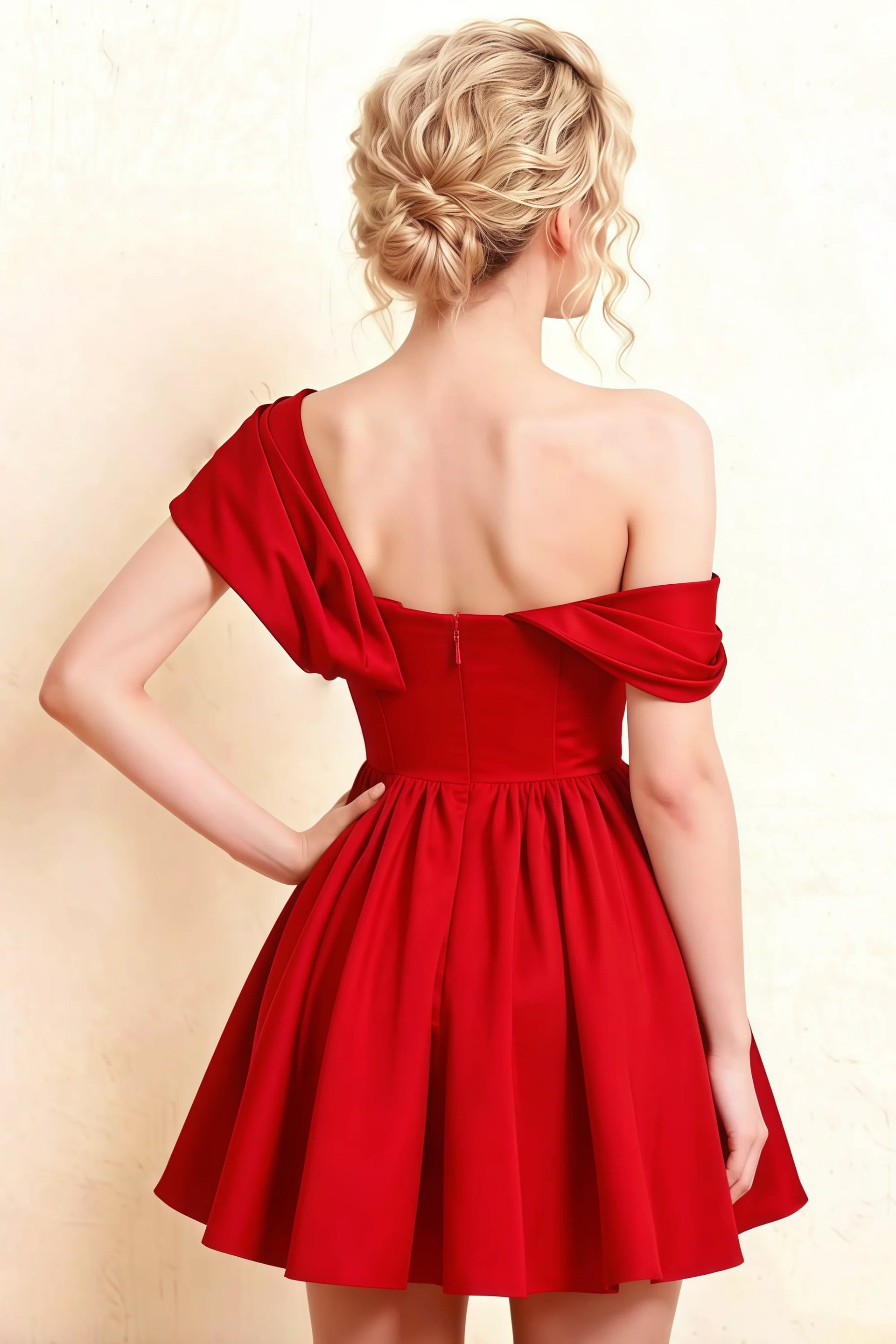 Elegant back detail of Red Cecilia Skater Dress, featuring concealed zipper closure and flattering open back, suitable for cocktail hours and dance events.