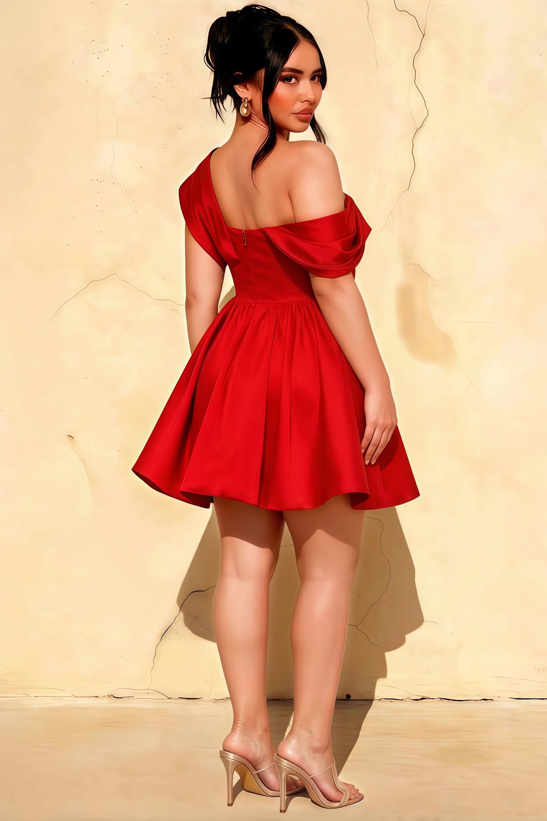 Back view of plus size Red Cecilia Dress, demonstrating comfortable fit and elegant A-line silhouette, ideal bridesmaid dress or going out outfit for plus size ladies.