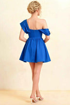 Cecilia Royal Blue One Shoulder Mini Skater Dress with Draped Asymmetric Neck