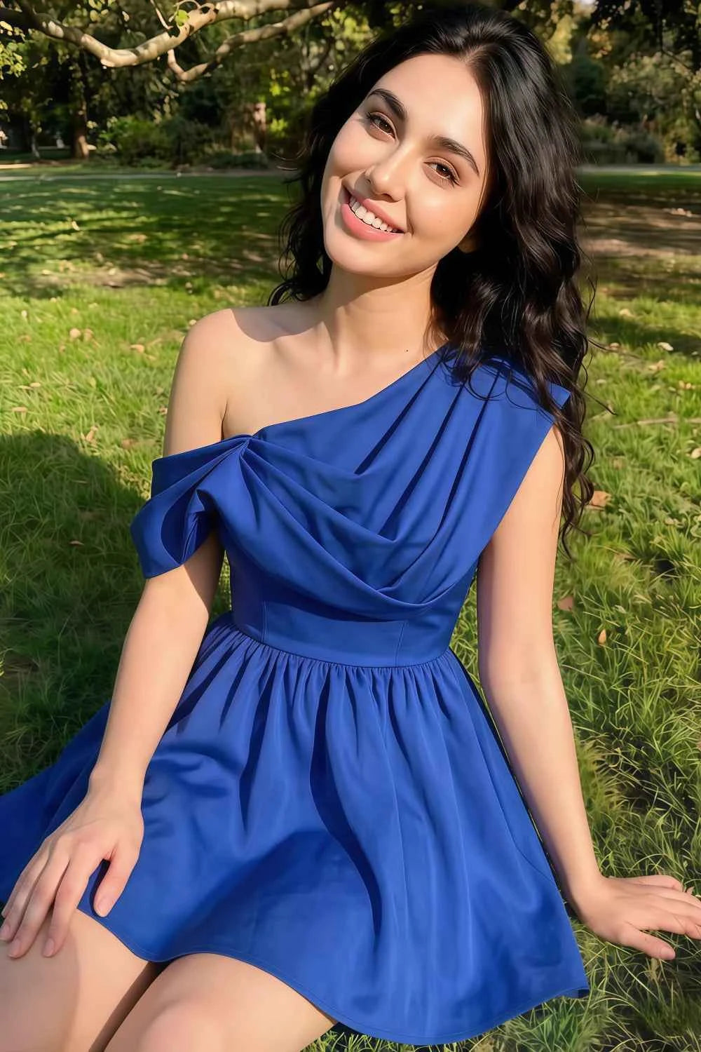 Cecilia Royal Blue One Shoulder Mini Skater Dress with Draped Asymmetric Neck