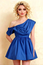 LVLVS Royal Blue Crepe Skater Dress One Shoulder Draped Collar Classy Semi Formal Party Dress