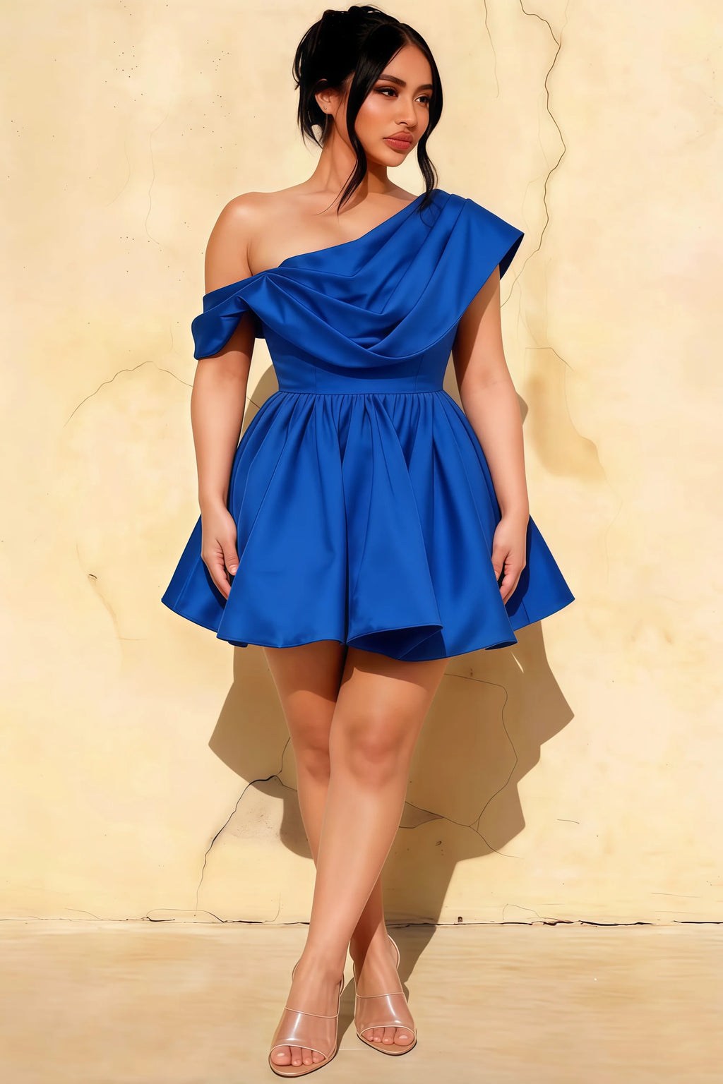 Plus Size LVLVS Cecilia Dress Royal Blue One Shoulder Draped Neck Office Party Guest Mini Skater Dress