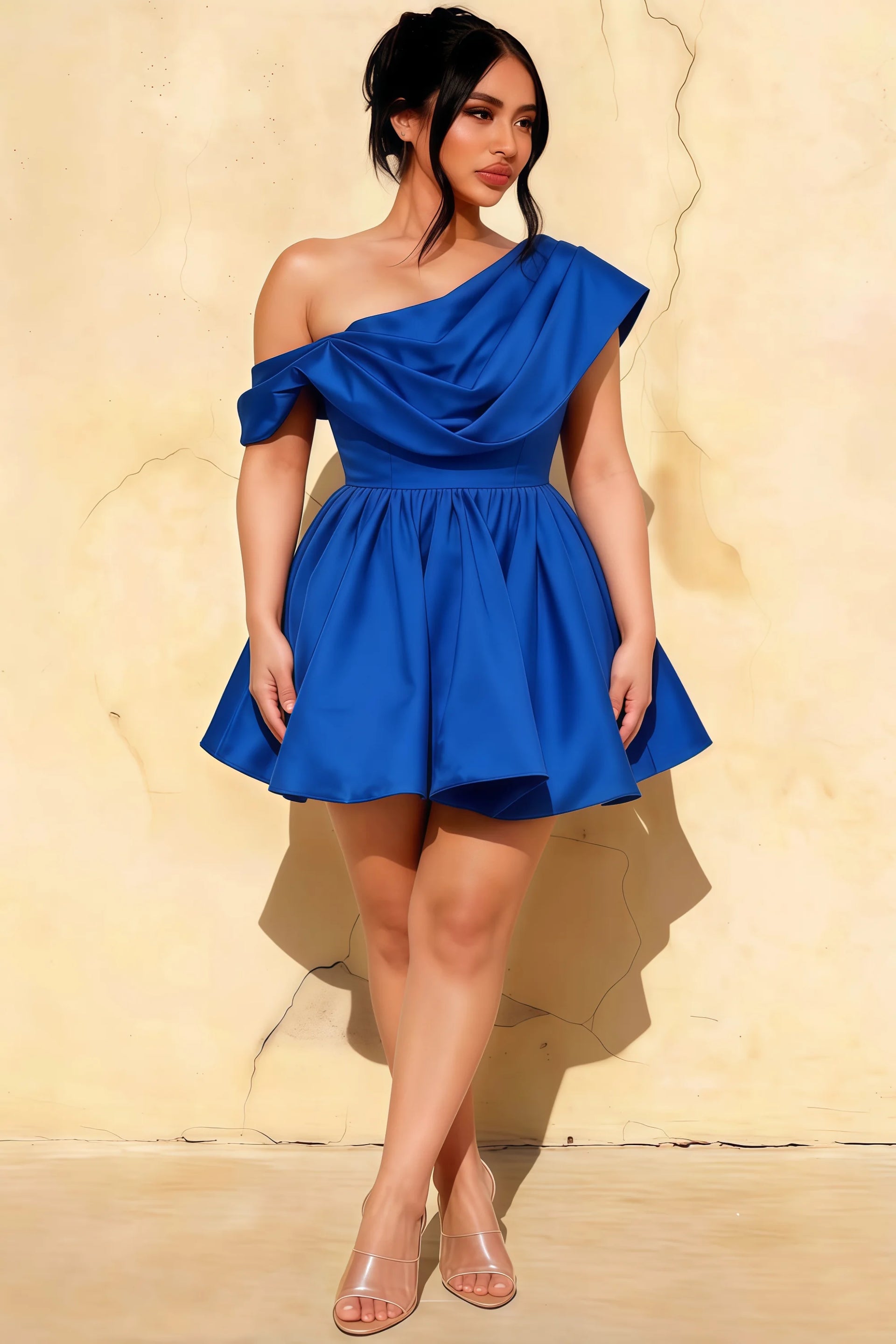 Plus Size LVLVS Cecilia Dress Royal Blue One Shoulder Draped Neck Office Party Guest Mini Skater Dress