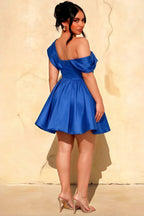 Plus Size Model Back View LVLVS Royal Blue Crepe Dress Open Back Asymmetric Neck Going Out Dress