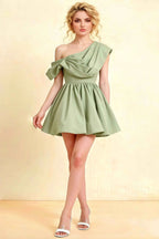 Cecilia Sage Green One Shoulder Mini Skater Dress with Draped Asymmetric Neck