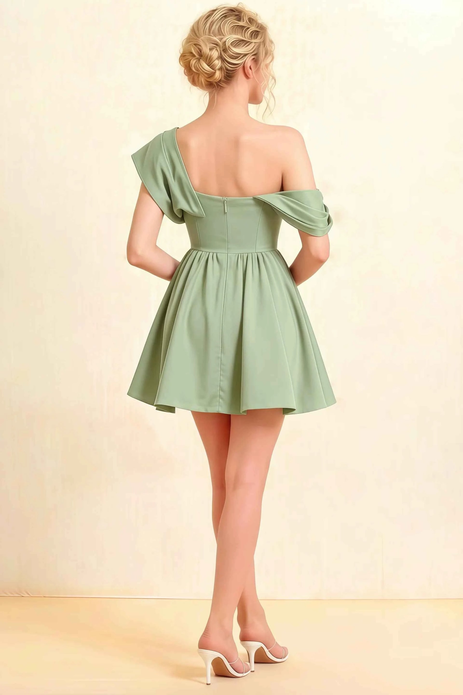 Cecilia Sage Green One Shoulder Mini Skater Dress with Draped Asymmetric Neck