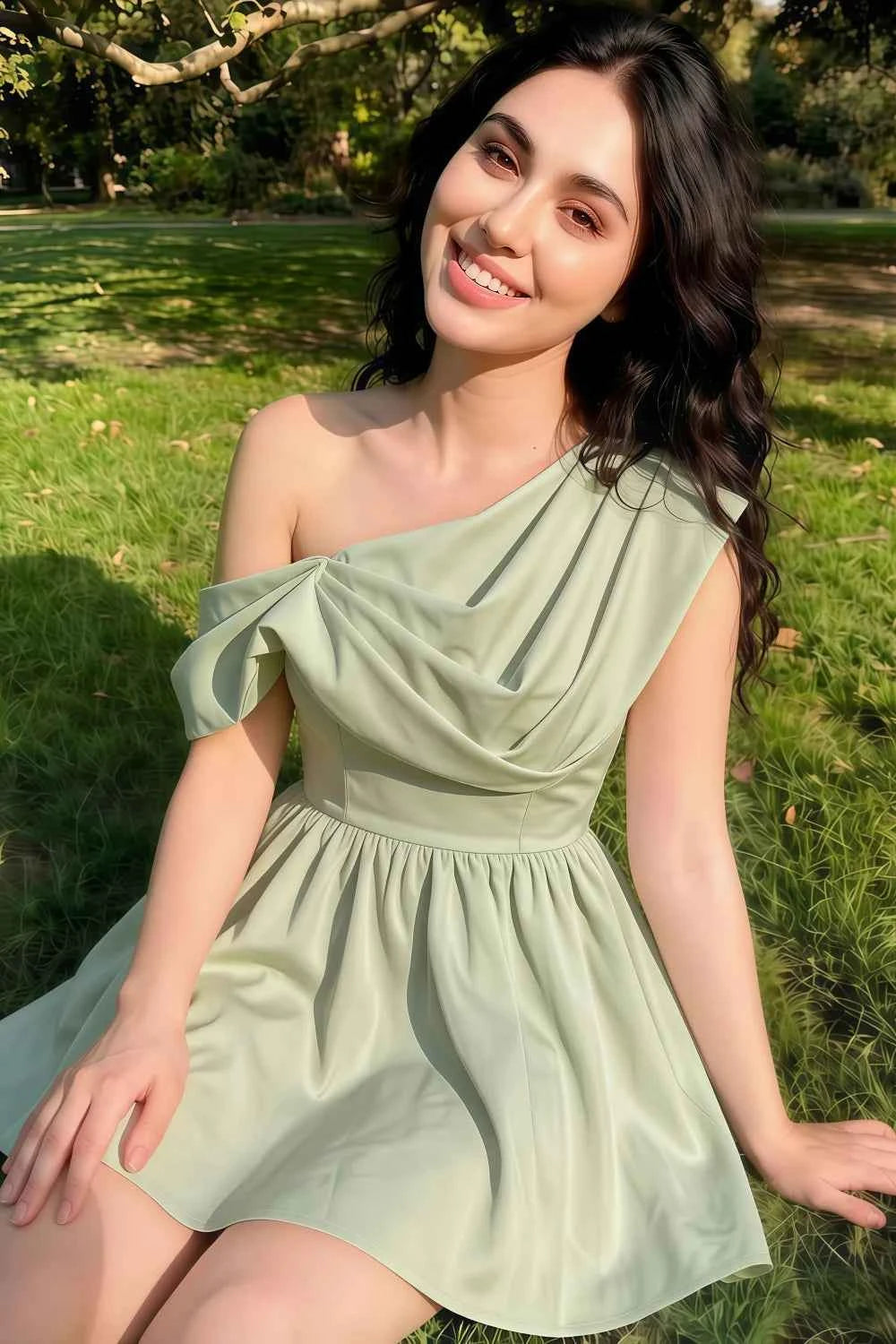 Cecilia Sage Green One Shoulder Mini Skater Dress with Draped Asymmetric Neck