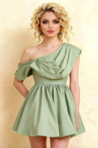 LVLVS Cecilia Sage Green One Shoulder Mini Skater Dress Close Up Draped Neckline Classy Bridesmaid Dress Crepe