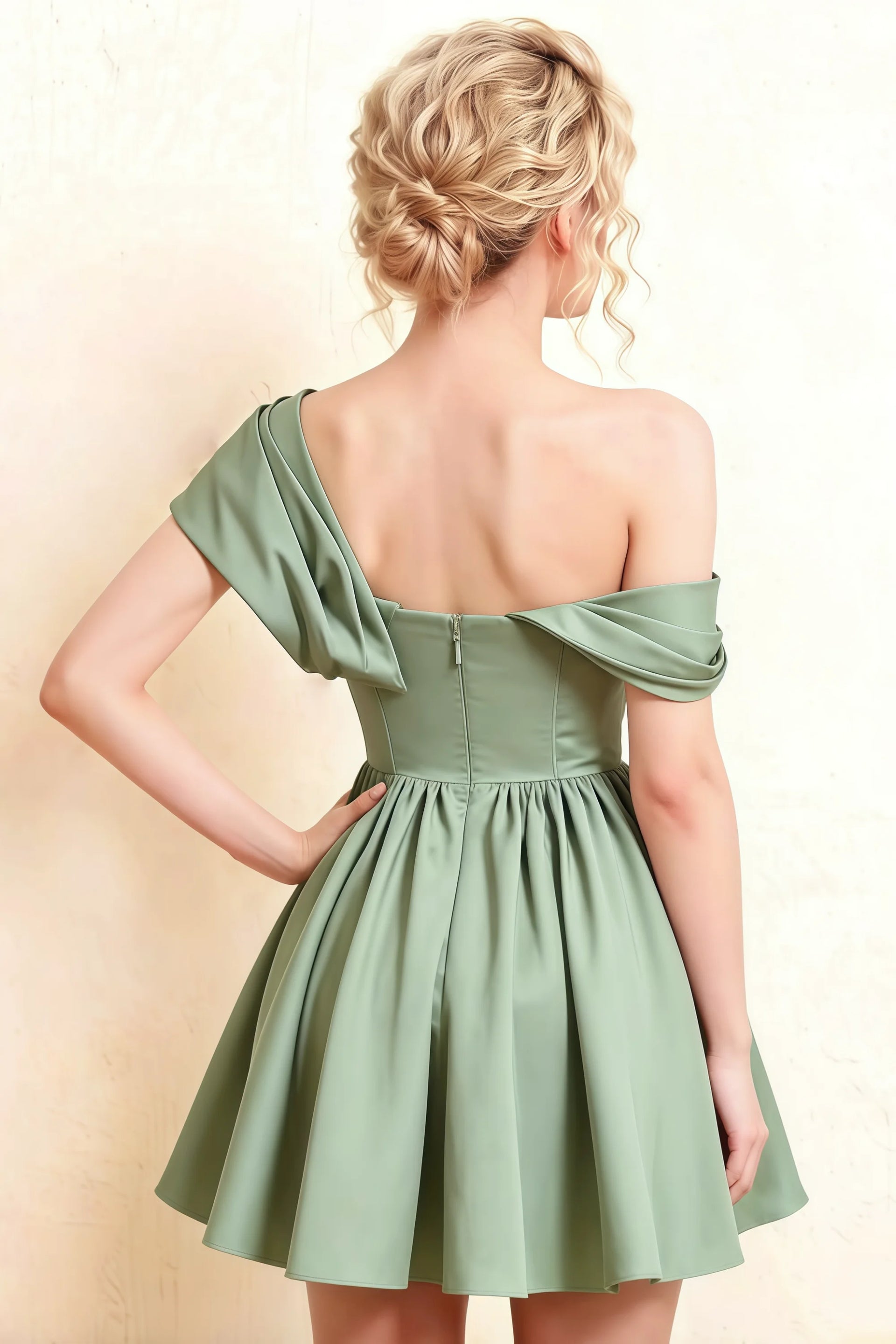 LVLVS Cecilia Sage Green One Shoulder Mini Skater Dress Back Detail Open Back Zipper for Prom Semi - Formal Crepe