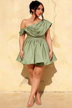 Plus Size Model in LVLVS Cecilia Sage Green One Shoulder Mini Skater Dress Casual Office Work Crepe Asymmetric Neck