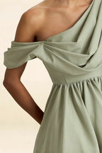 LVLVS Cecilia Sage Green One Shoulder Mini Skater Dress Fabric Detail Draped Asymmetric Neck Crepe Texture Close Up