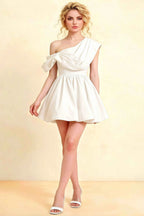 Cecilia White One Shoulder Mini Skater Dress with Draped Asymmetric Neck