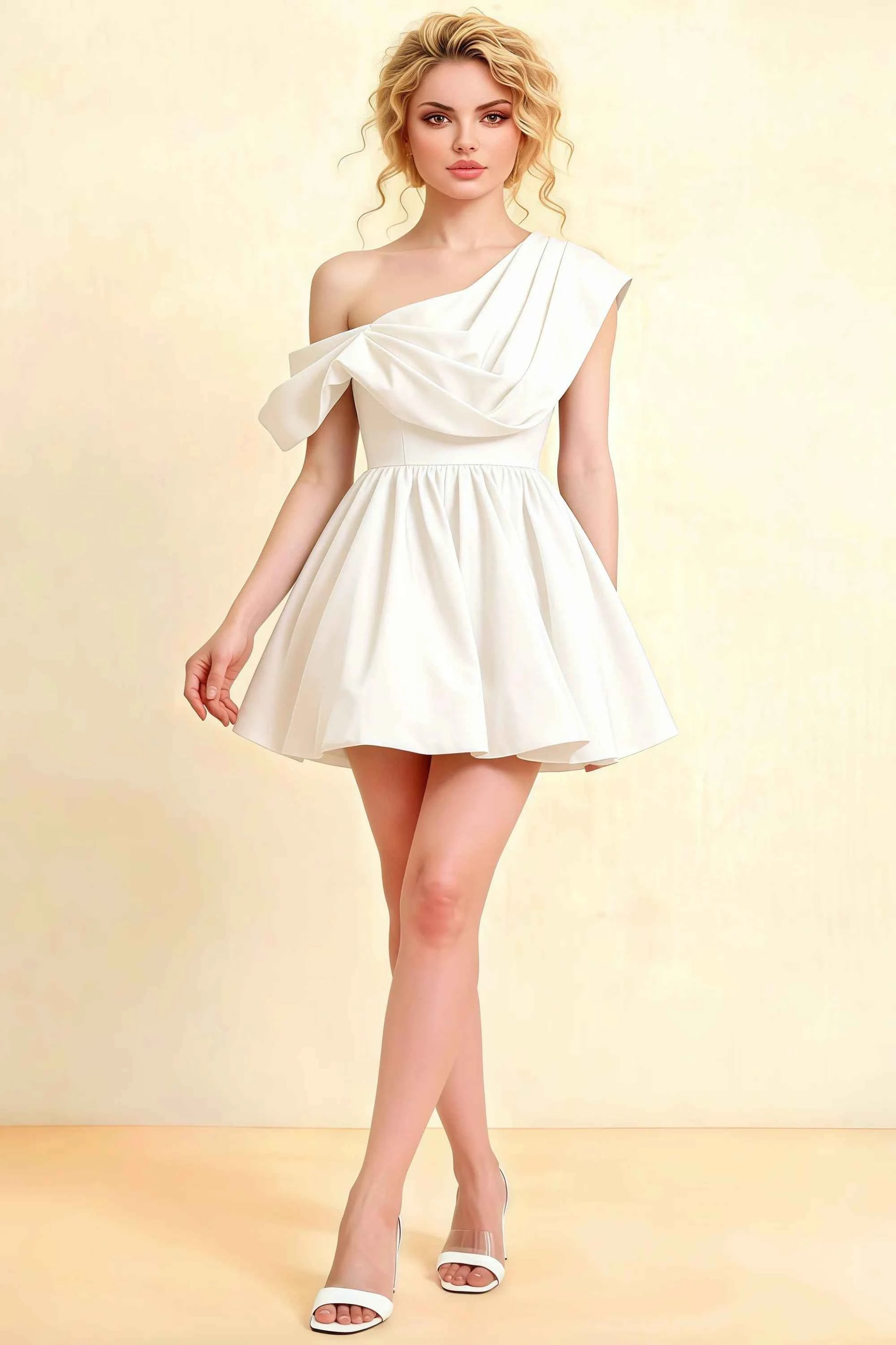 Cecilia White One Shoulder Mini Skater Dress with Draped Asymmetric Neck