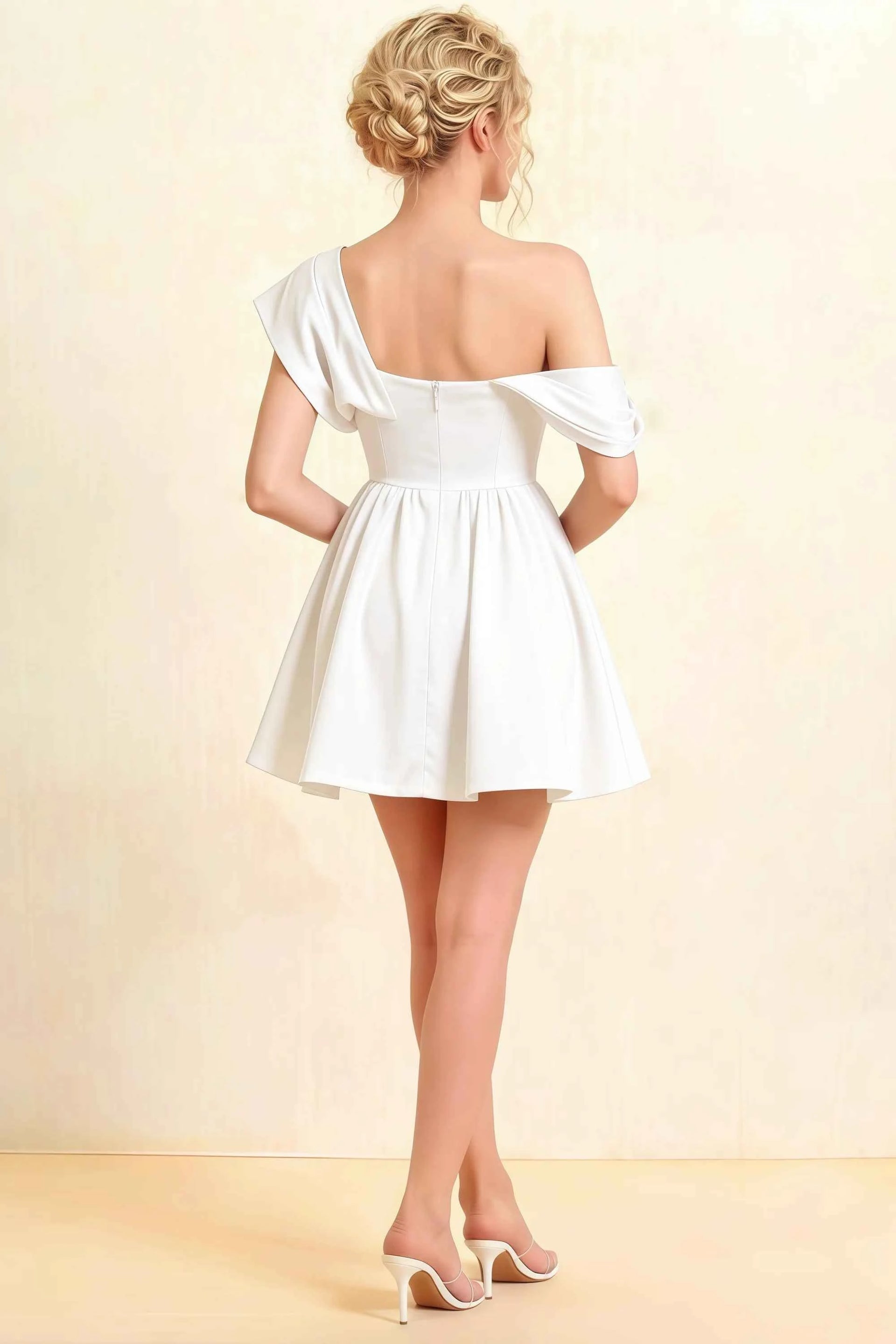 Cecilia White One Shoulder Mini Skater Dress with Draped Asymmetric Neck