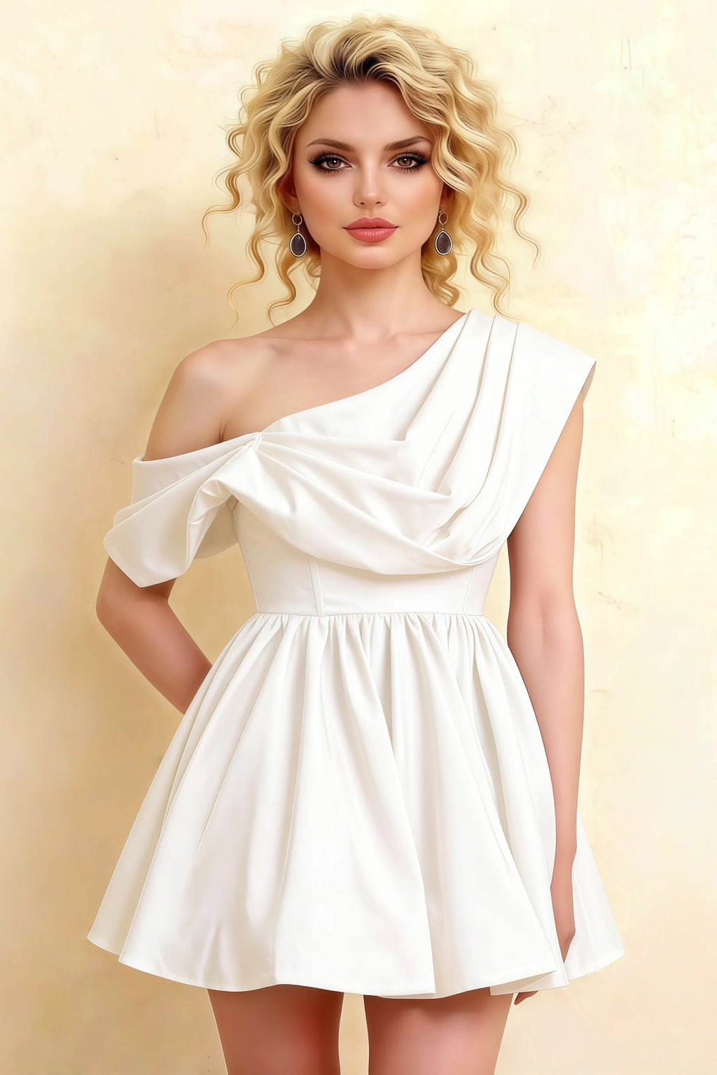 LVLVS Cecilia White One Shoulder Mini Skater Dress Close - up Front Draped Asymmetric Neck for Classy Homecoming Graduation Day Party