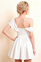 LVLVS Cecilia White One Shoulder Mini Skater Dress Close - up Back Draped Asymmetric Neck for Prom Semi - Formal Dance