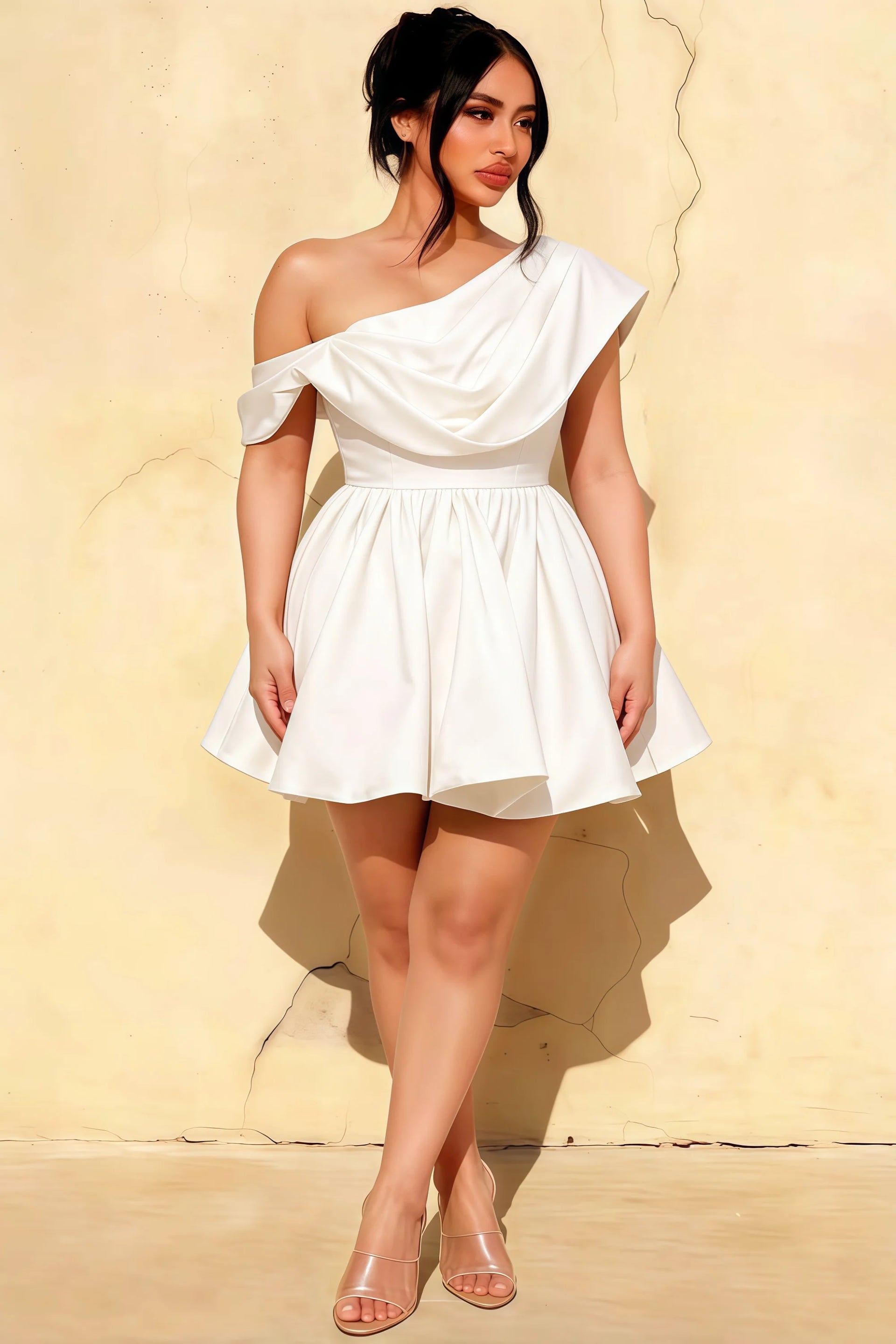 Plus Size Model in LVLVS Cecilia White One Shoulder Mini Skater Dress Casual Going Out Office Work Friendly