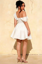 Plus Size Model Wearing LVLVS Cecilia White One Shoulder Mini Skater Dress Back View Casual Day Office Work Party
