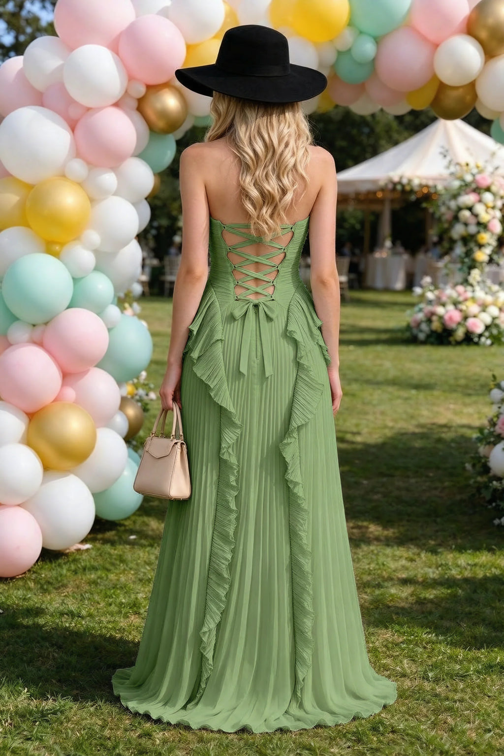 Celeste Basil Pleated Ruffle Halter High Slit Maxi Dress