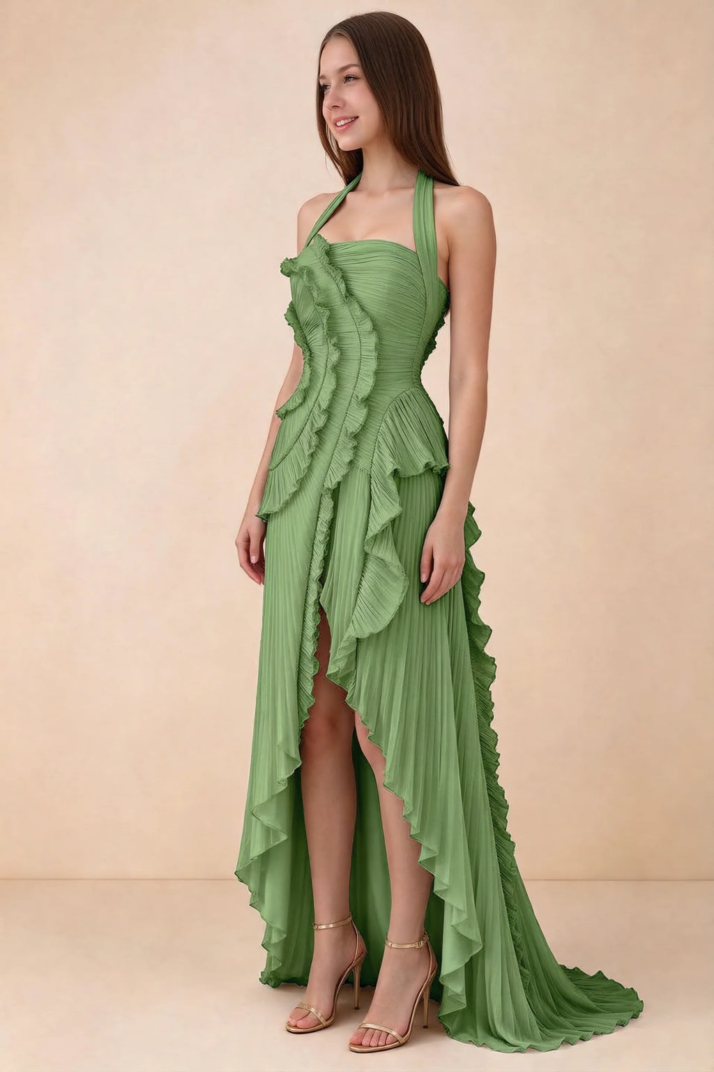 Celeste Basil Pleated Ruffle Halter High Slit Maxi Dress
