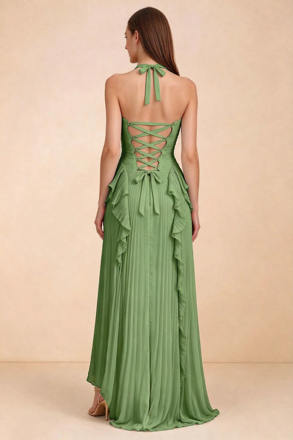 Celeste Basil Pleated Ruffle Halter High Slit Maxi Dress
