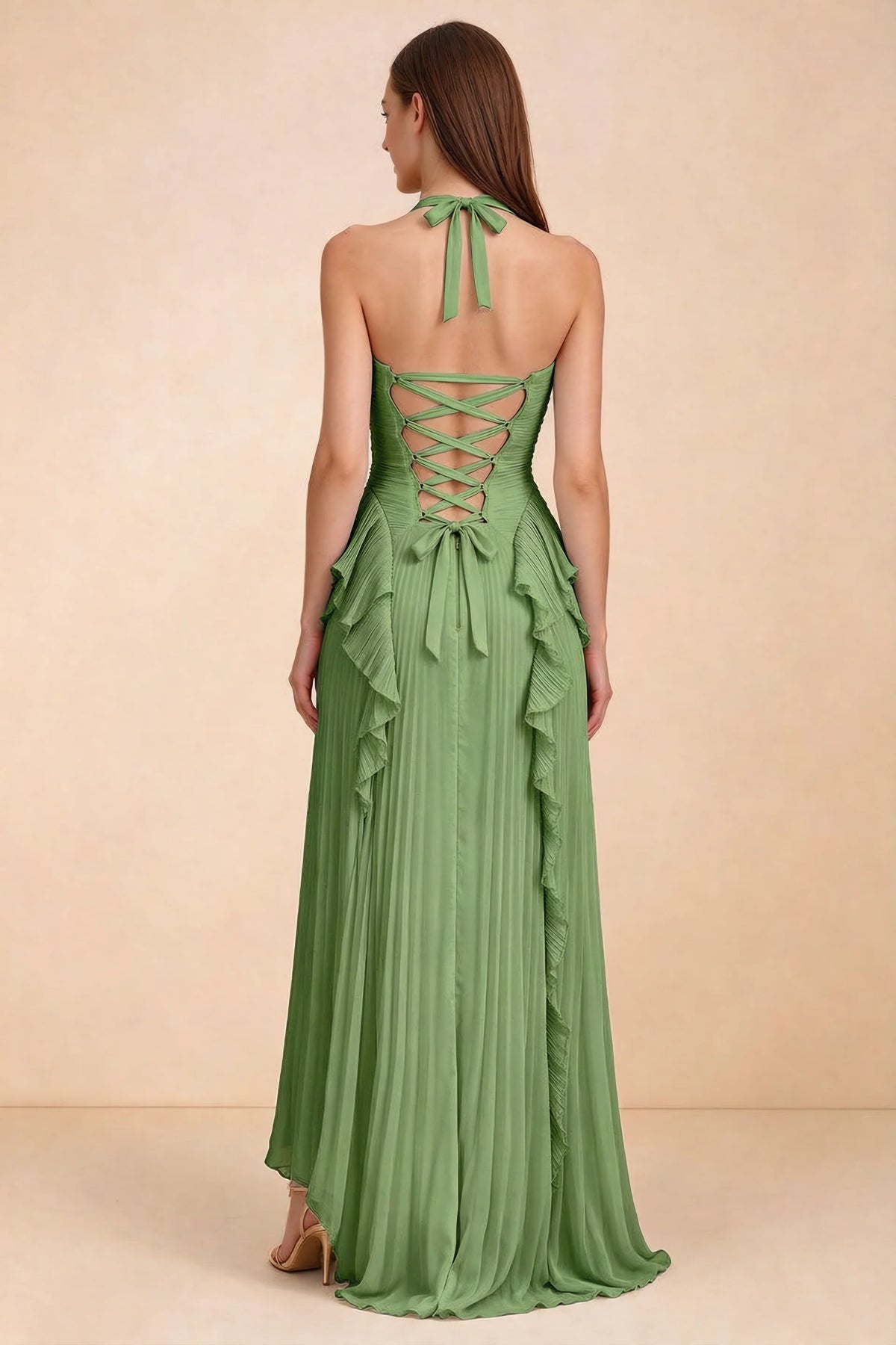 Celeste Basil Pleated Ruffle Halter High Slit Maxi Dress