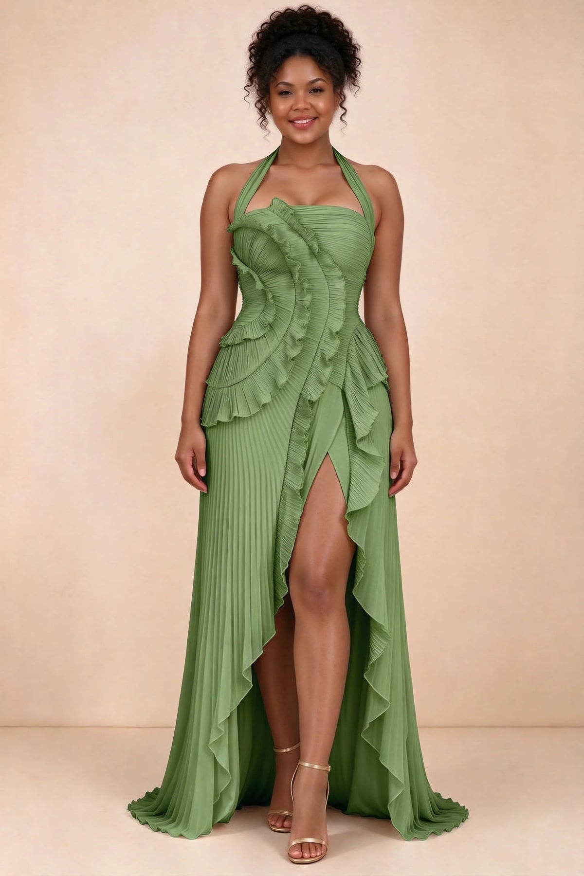 Celeste Basil Pleated Ruffle Halter High Slit Maxi Dress