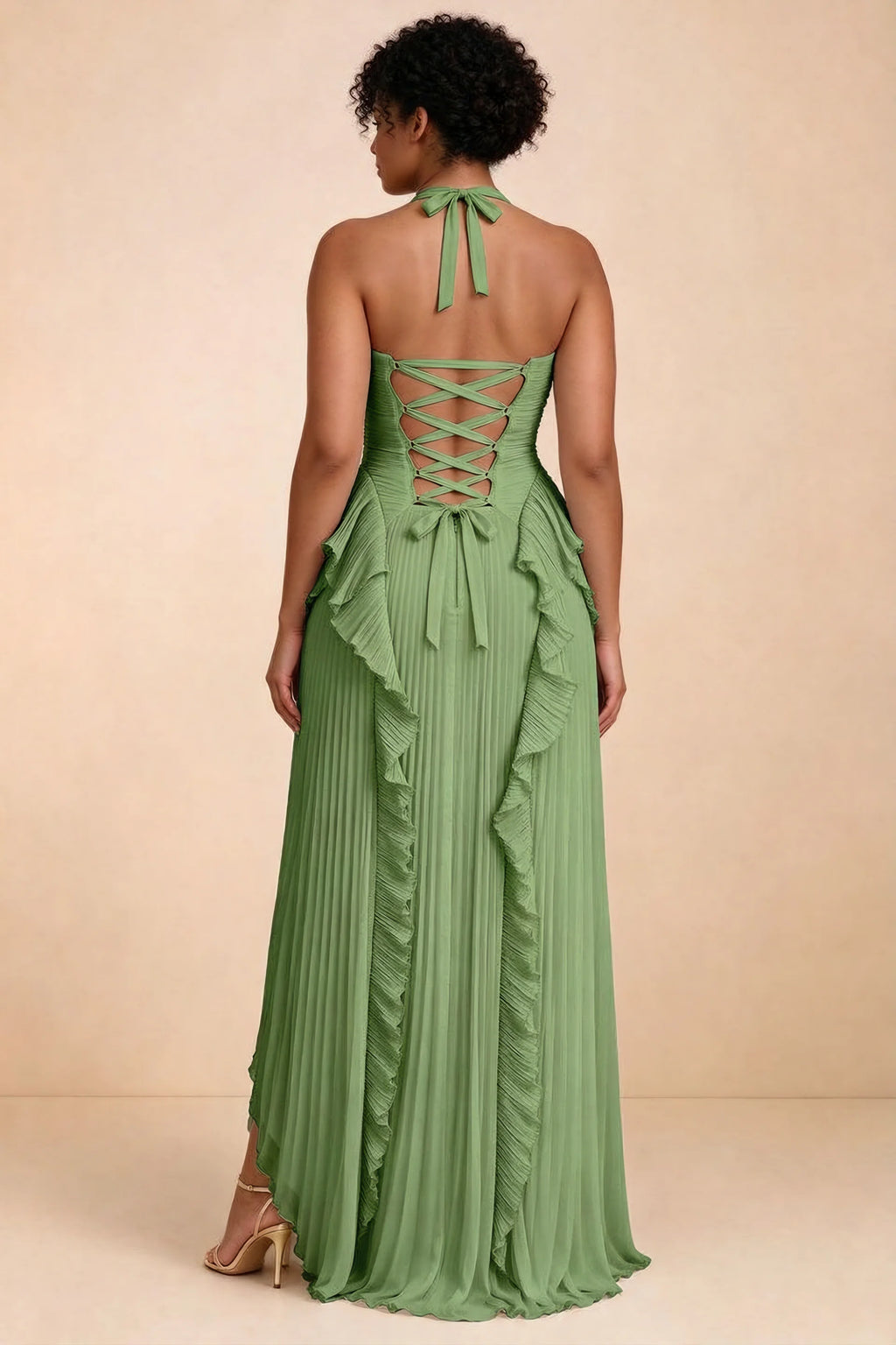 Celeste Basil Pleated Ruffle Halter High Slit Maxi Dress