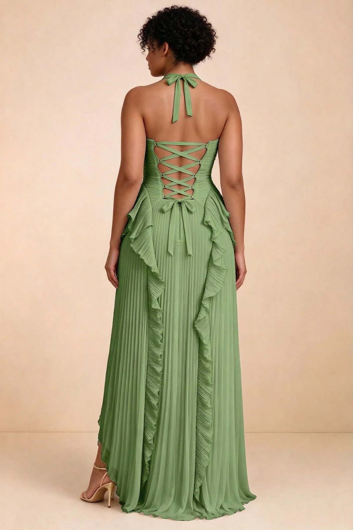 Celeste Basil Pleated Ruffle Halter High Slit Maxi Dress