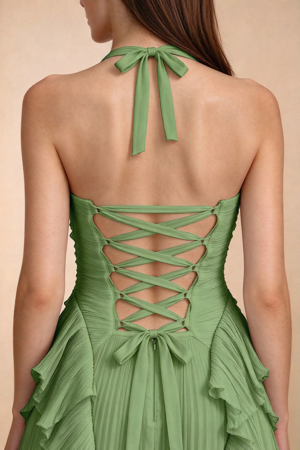 Celeste Basil Pleated Ruffle Halter High Slit Maxi Dress