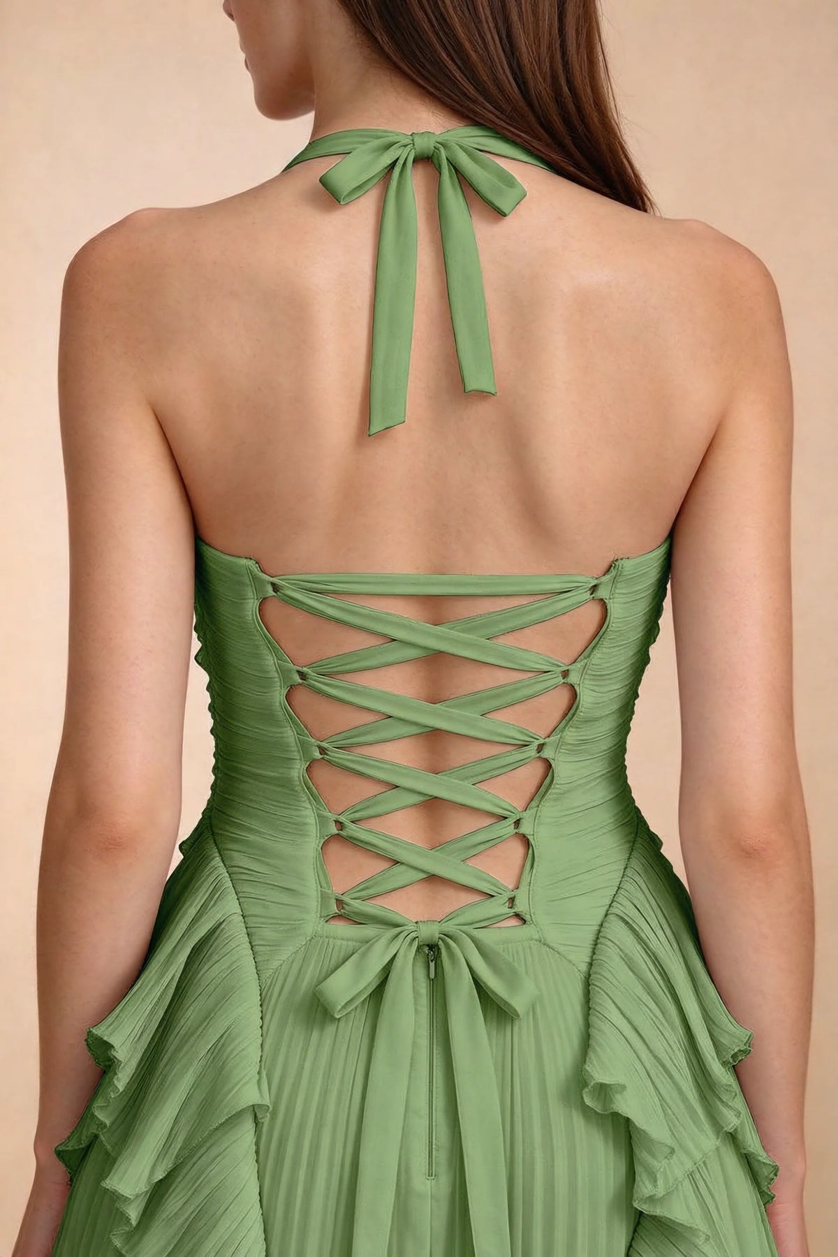 Celeste Basil Pleated Ruffle Halter High Slit Maxi Dress