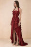 Celeste Burgundy Pleated Ruffle Halter High Slit Maxi Dress