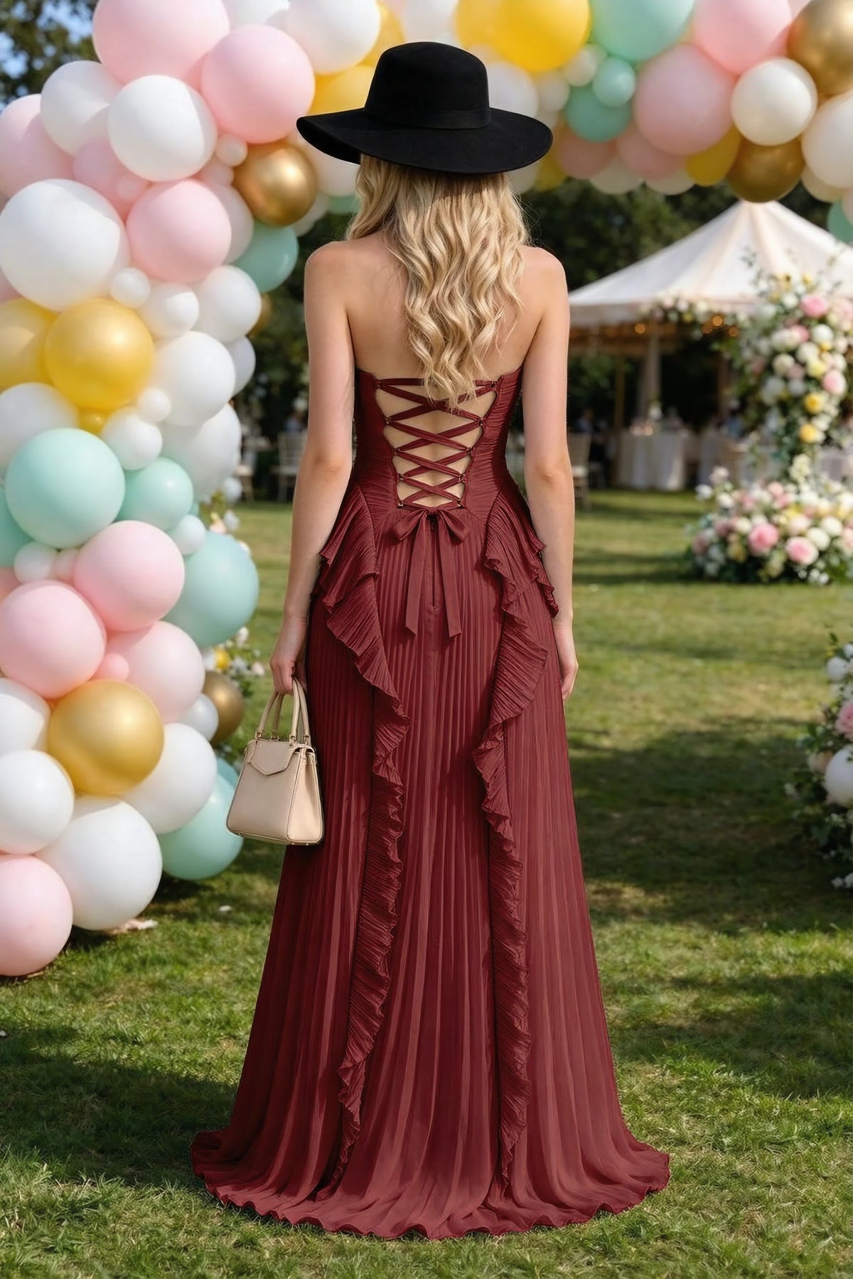 Celeste Burgundy Pleated Ruffle Halter High Slit Maxi Dress