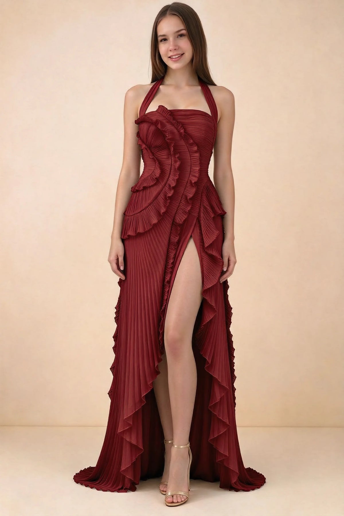 Celeste Burgundy Pleated Ruffle Halter High Slit Maxi Dress