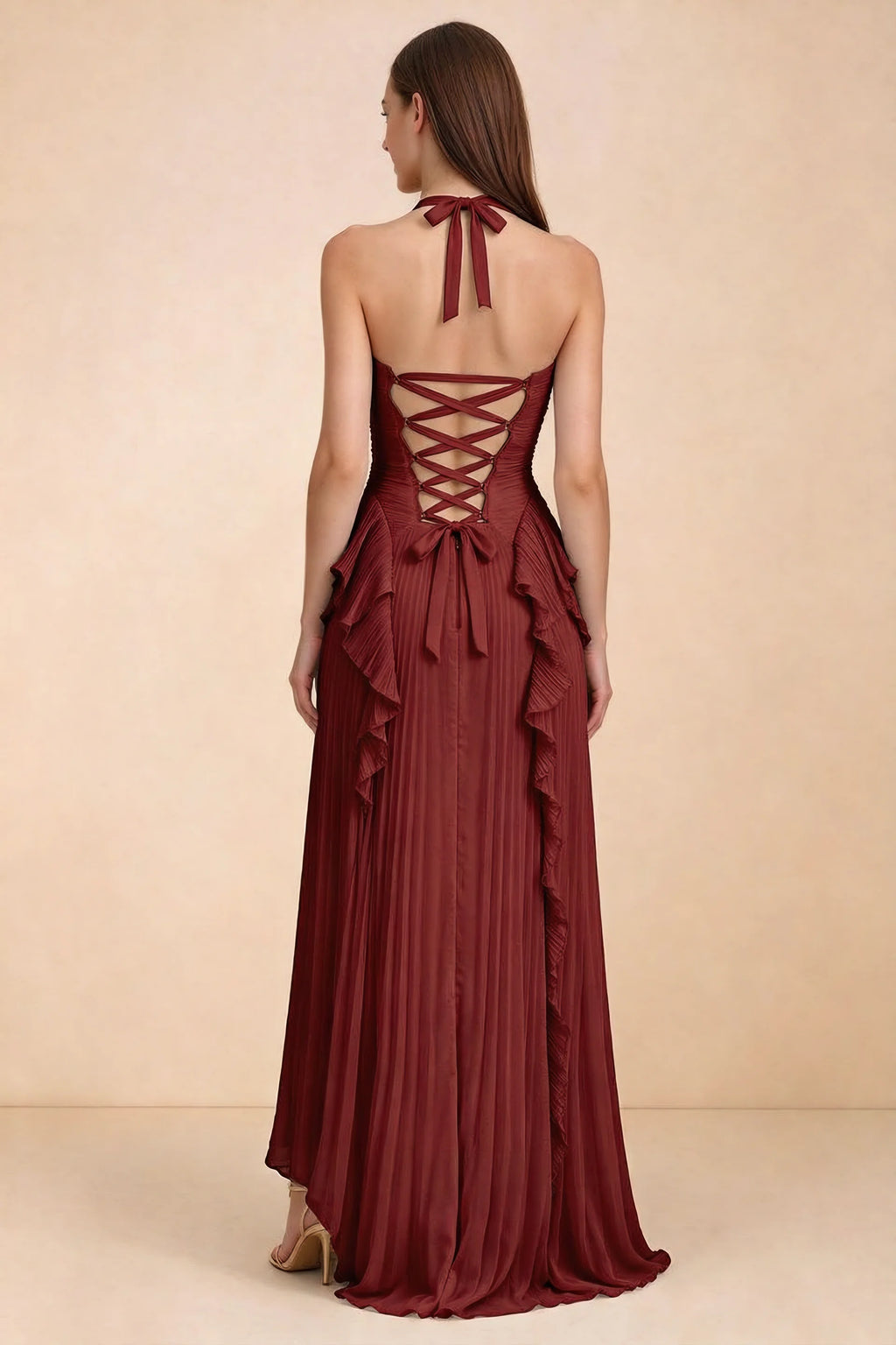 Celeste Burgundy Pleated Ruffle Halter High Slit Maxi Dress