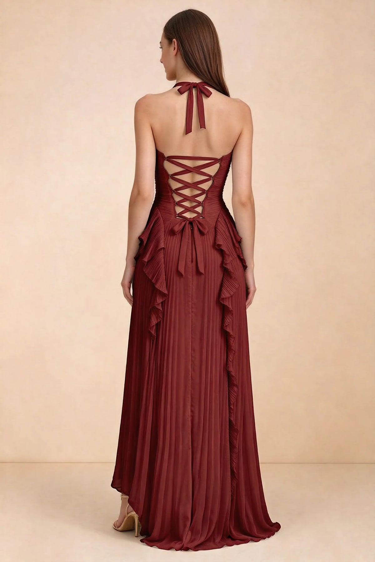 Celeste Burgundy Pleated Ruffle Halter High Slit Maxi Dress