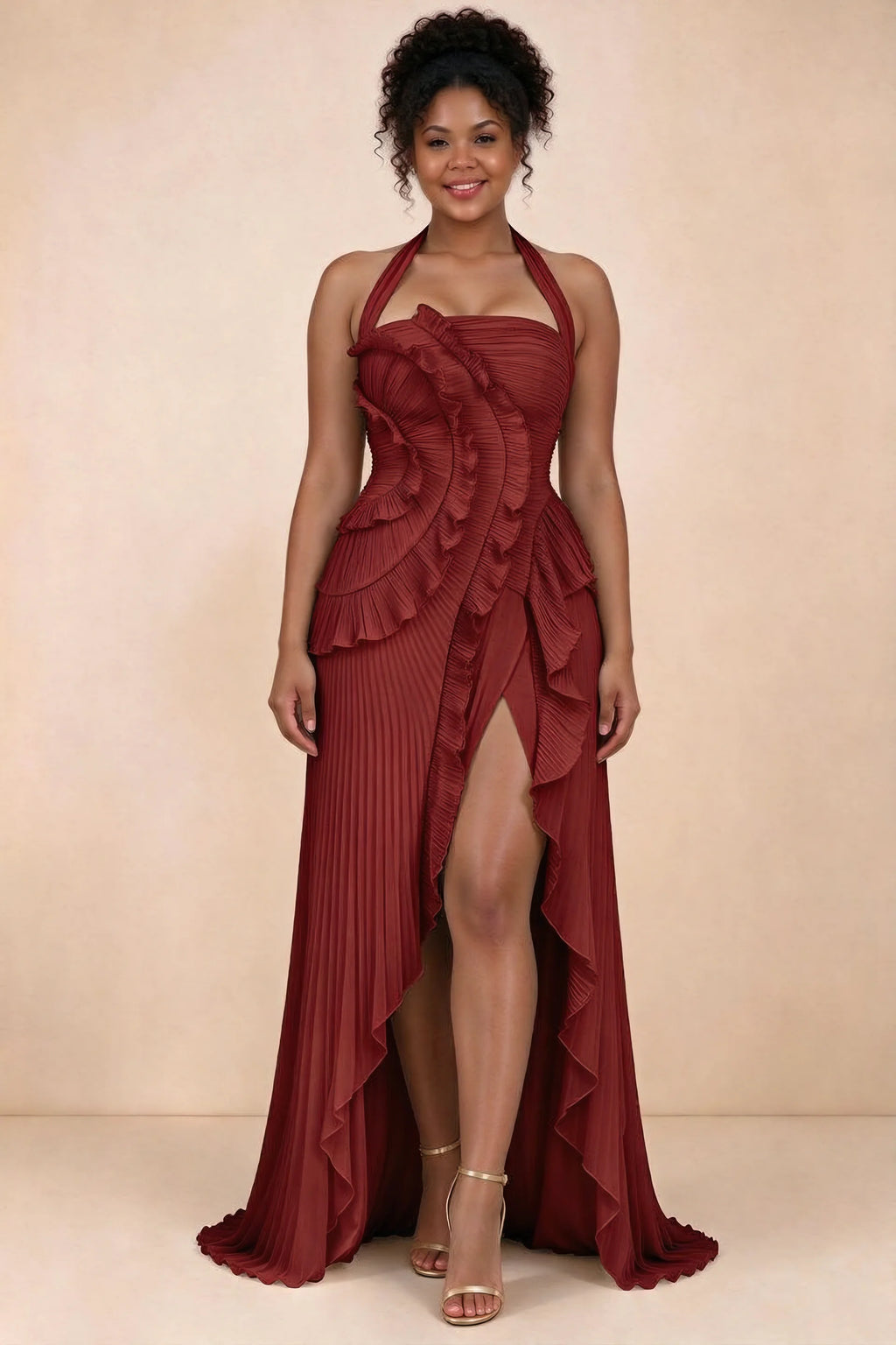 Celeste Burgundy Pleated Ruffle Halter High Slit Maxi Dress