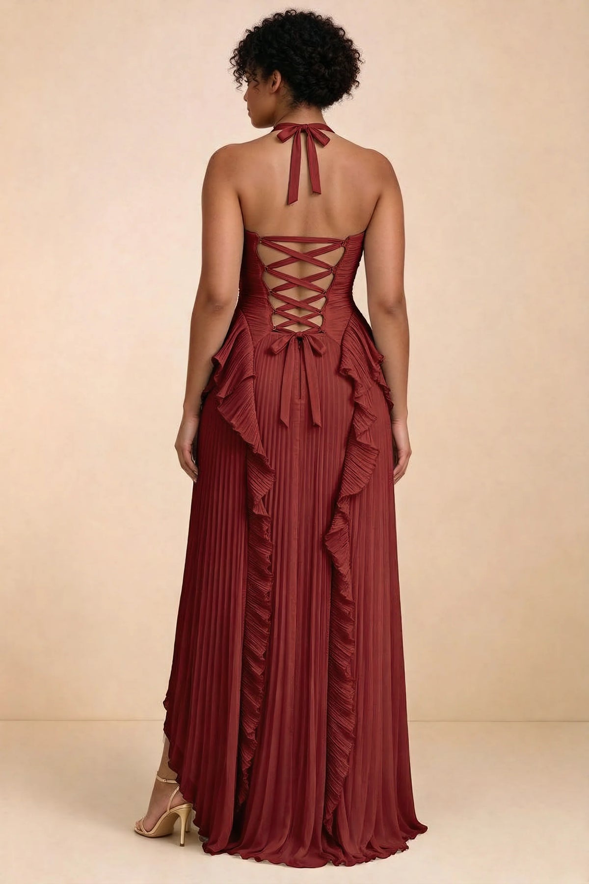 Celeste Burgundy Pleated Ruffle Halter High Slit Maxi Dress