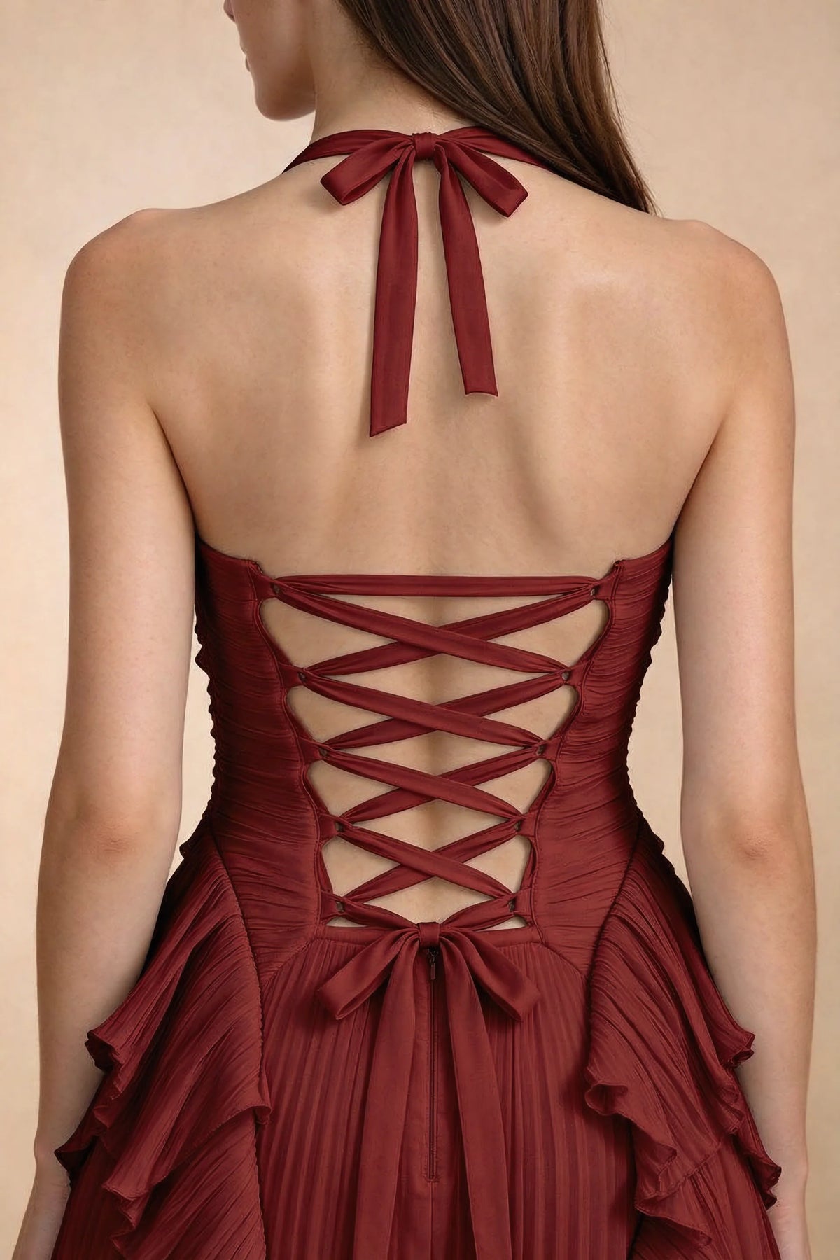 Celeste Burgundy Pleated Ruffle Halter High Slit Maxi Dress